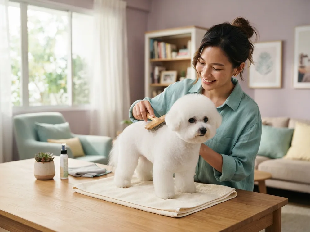 Owner line-brushing a white Bichon Frise coat section by section at home