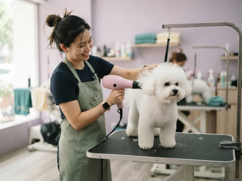 White Bichon Frise being blow-dried at a Singapore grooming salon