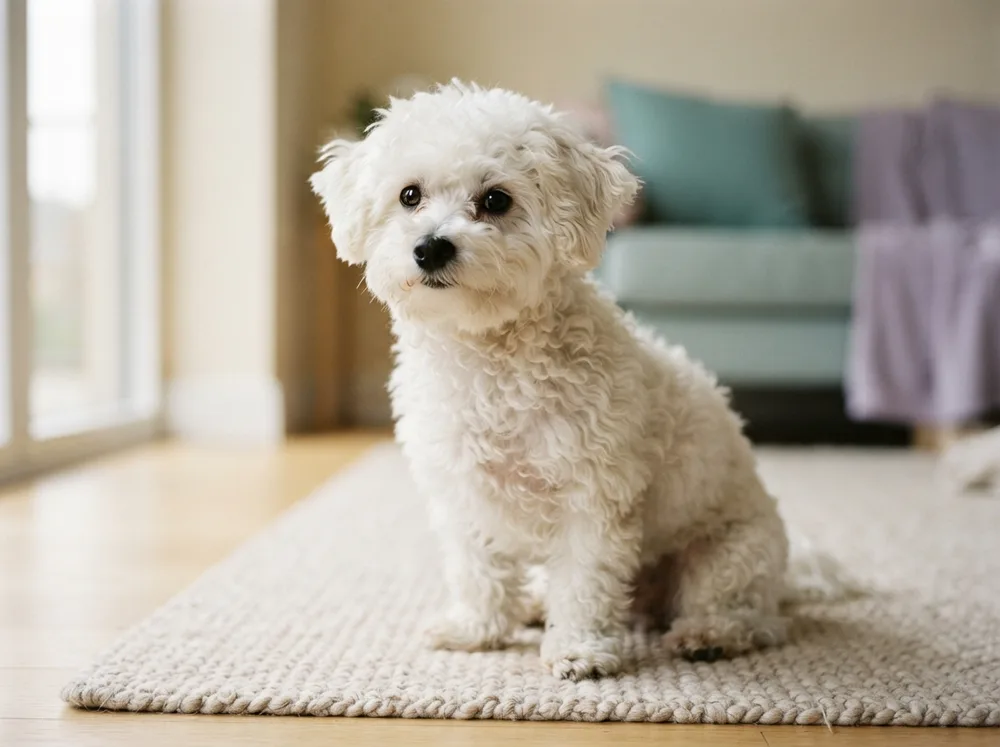 Adolescent white Bichon Frise with a slightly rumpled transitioning coat