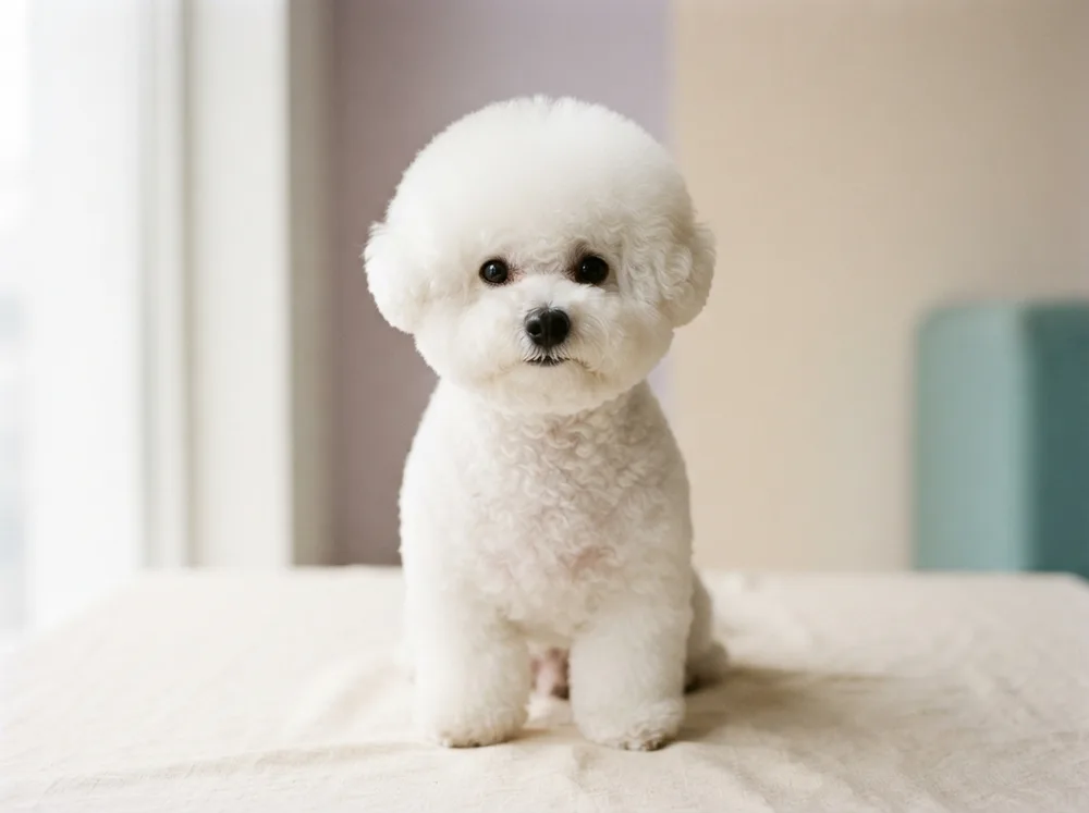White Bichon Frise with a freshly finished rounded teddy-bear cut
