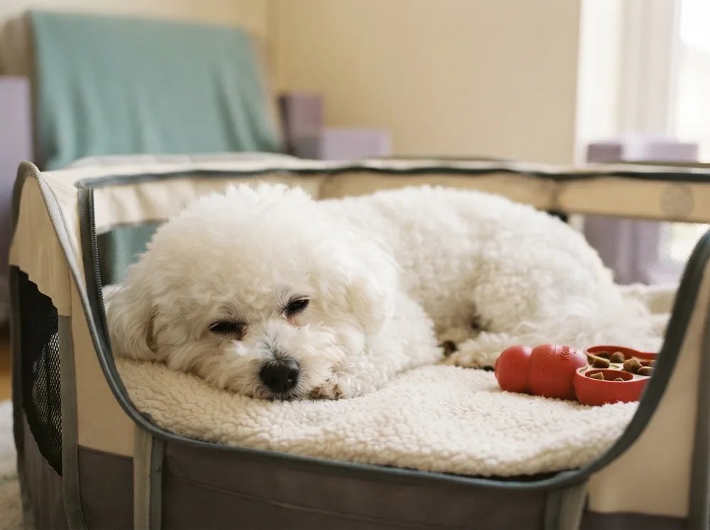 White Bichon Frise resting calmly in a playpen with a food puzzle toy