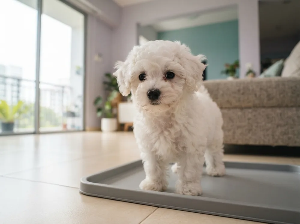 White Bichon Frise puppy on a pee tray beside a balcony door in a Singapore flat