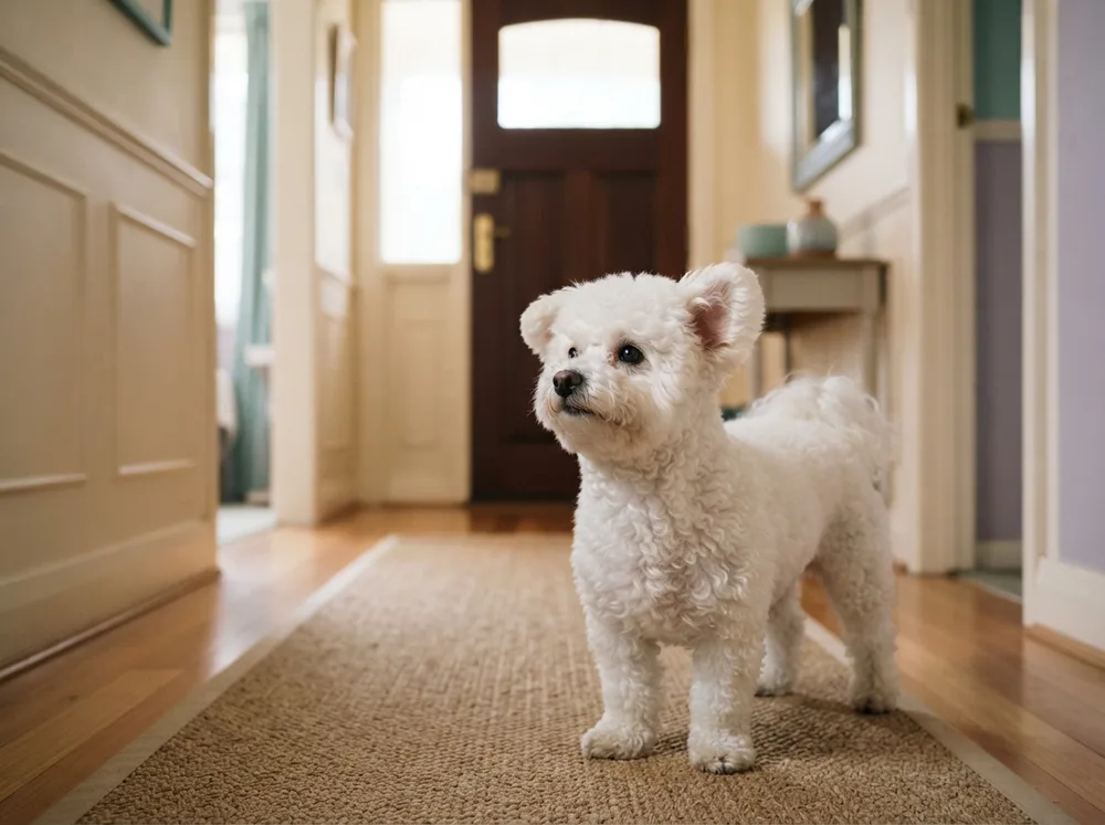 Alert white Bichon Frise looking toward a front door from a hallway