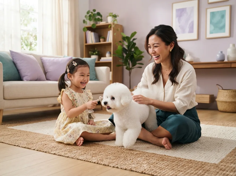 White Bichon Frise playing gently with a child on a living room floor
