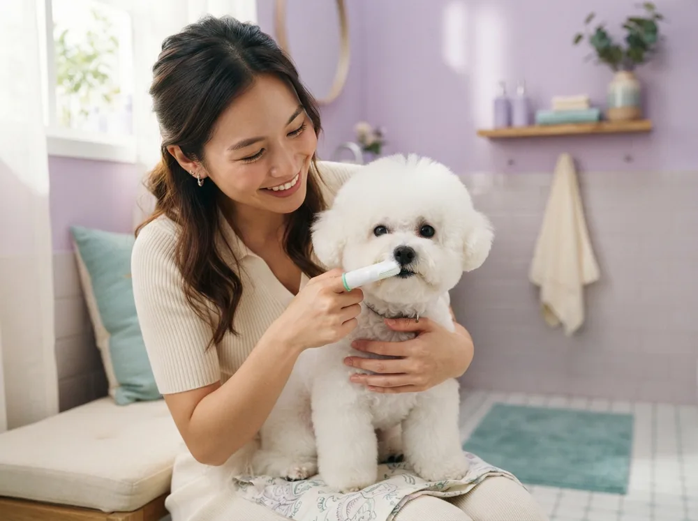 Owner brushing a white Bichon Frise’s teeth with a finger toothbrush