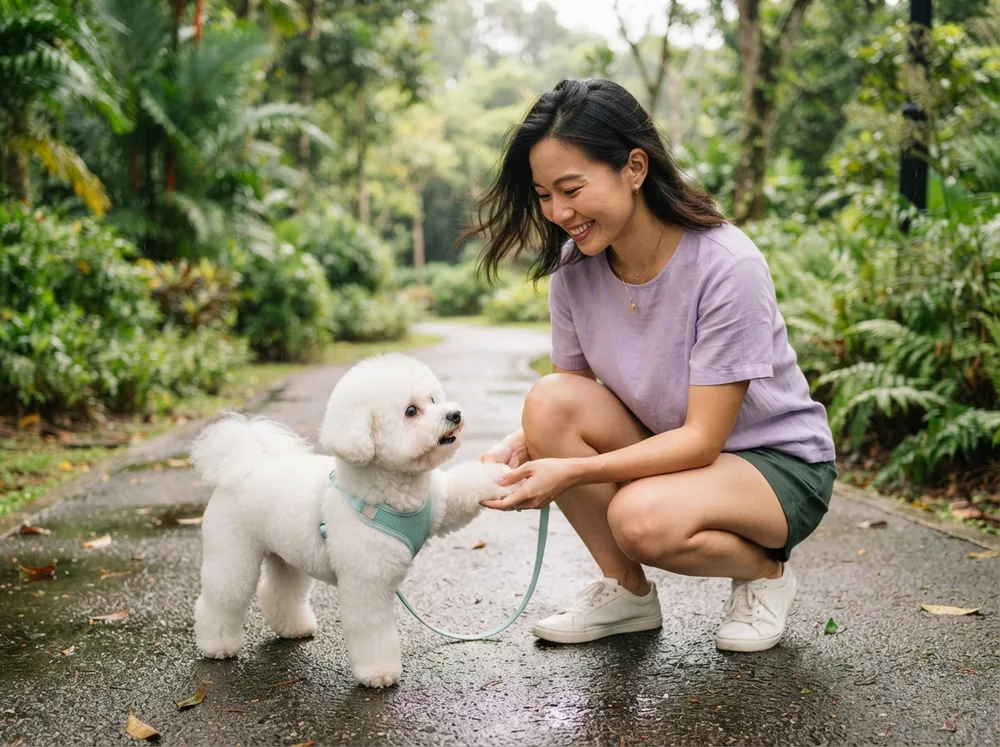 White Bichon Frise having its paw checked after a rainy-season walk