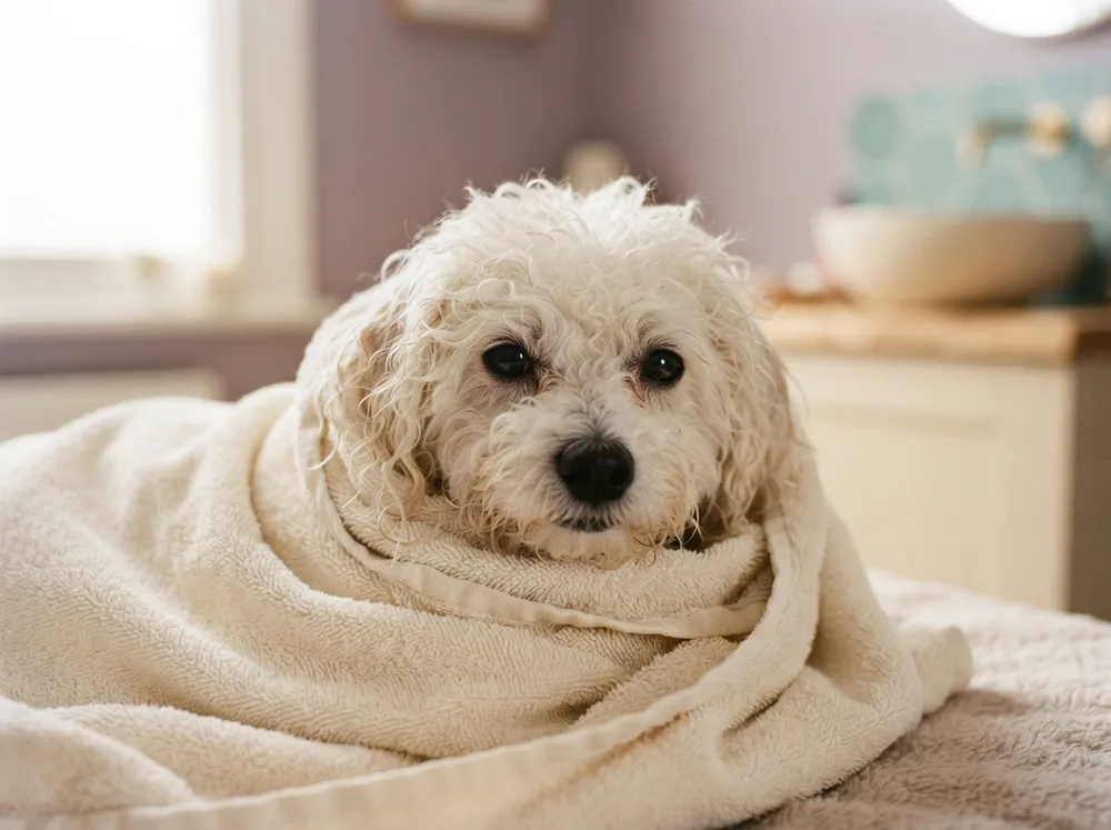 Freshly bathed white Bichon Frise wrapped in a towel with a clean coat