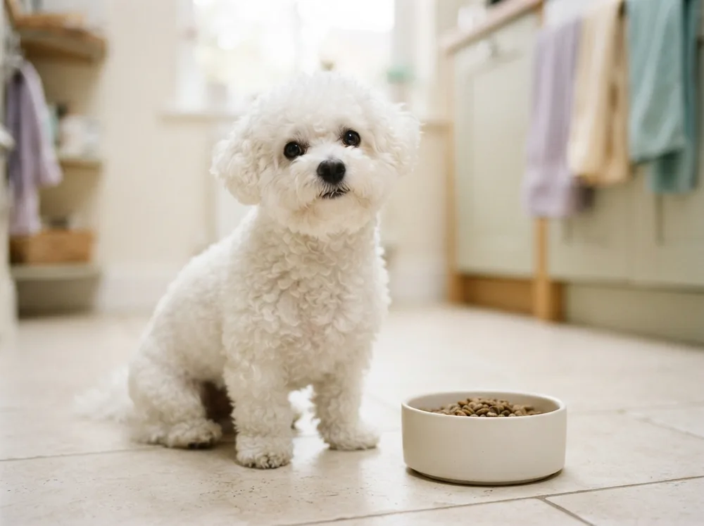White Bichon Frise sitting beside a measured bowl of kibble on a kitchen floor