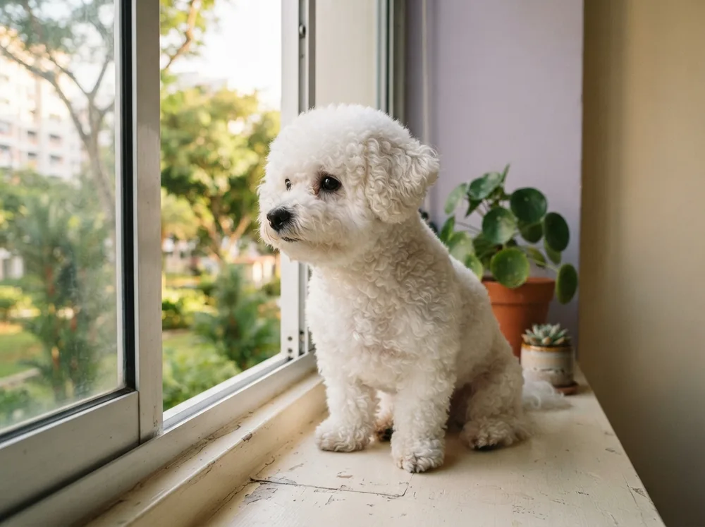 White Bichon Frise looking out a window of an HDB flat with afternoon light