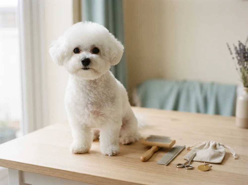 White Bichon Frise beside grooming tools, food and a licence tag arranged on a table