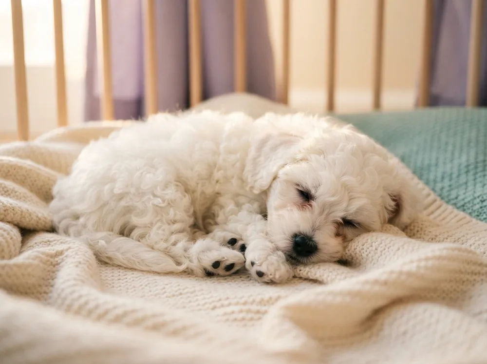 White Bichon Frise puppy sleeping in a playpen on its first night home