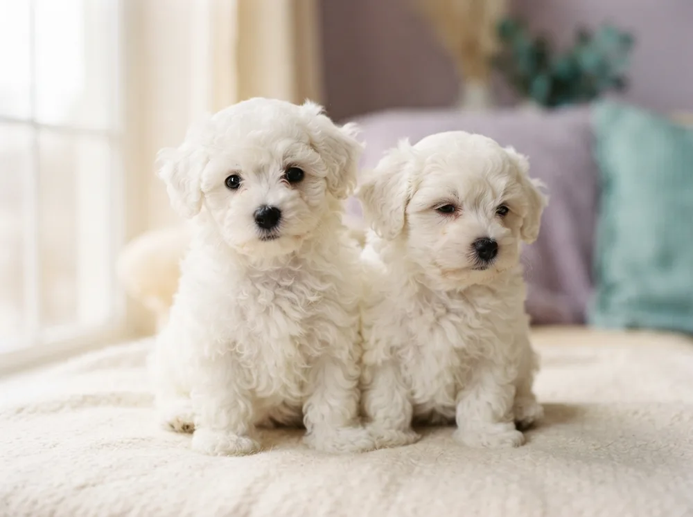 Two white Bichon Frise puppies sitting side by side with different expressions