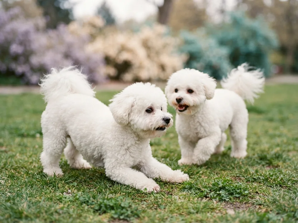 Two adult white Bichon Frises playing together on a park lawn