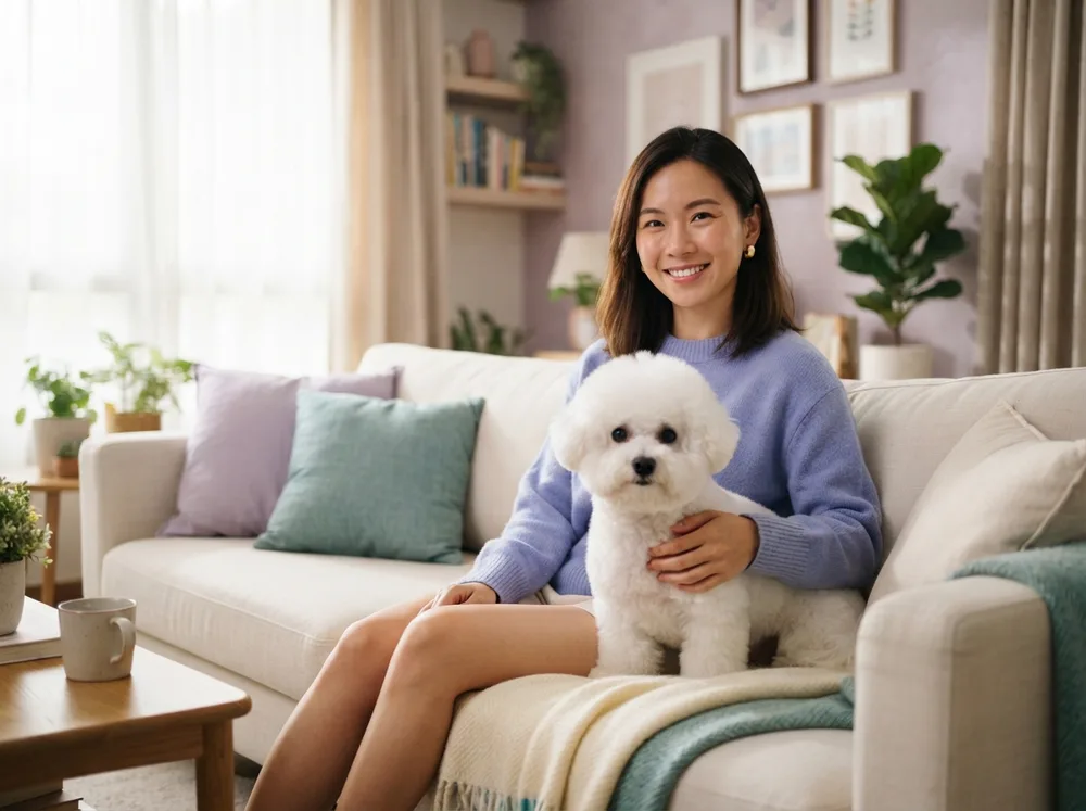 Adult white Bichon Frise with a slightly grown-out coat sitting beside a foster carer