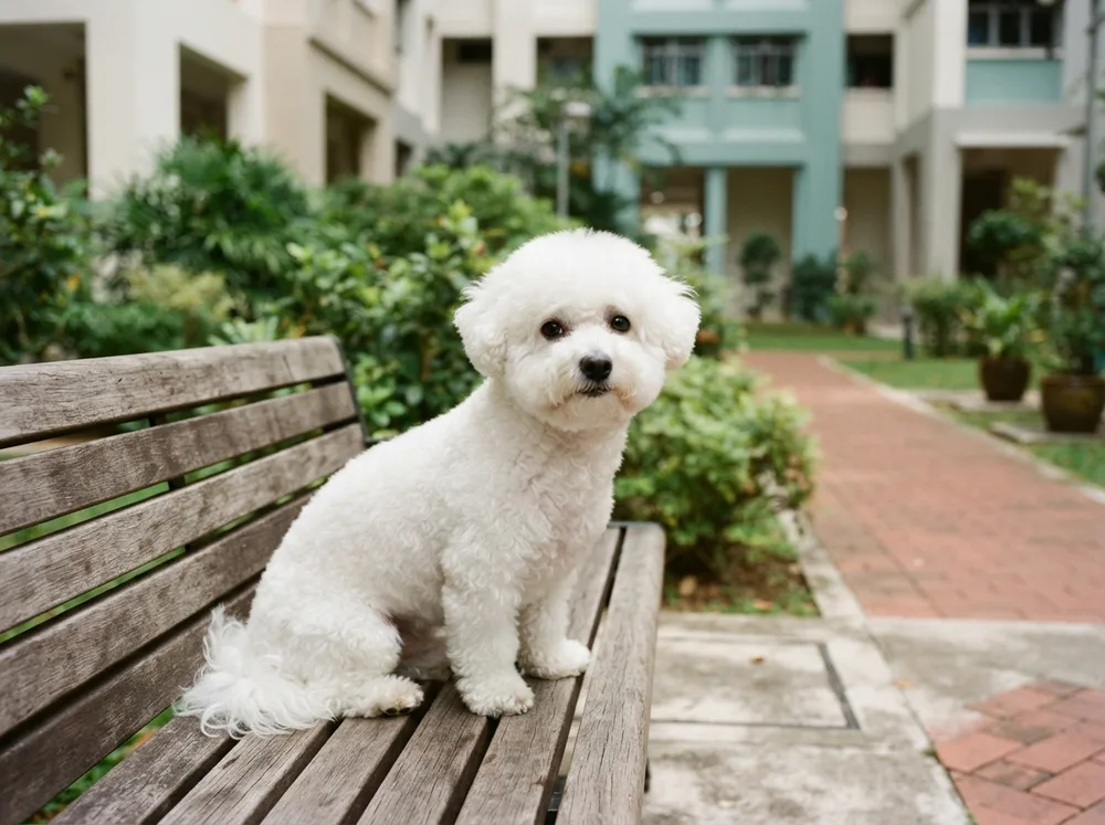 White Bichon Frise sitting on a bench in a Singapore HDB estate garden