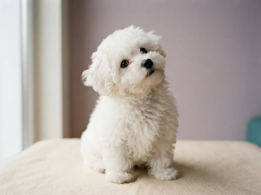 White Bichon Frise puppy looking up attentively as if called by name