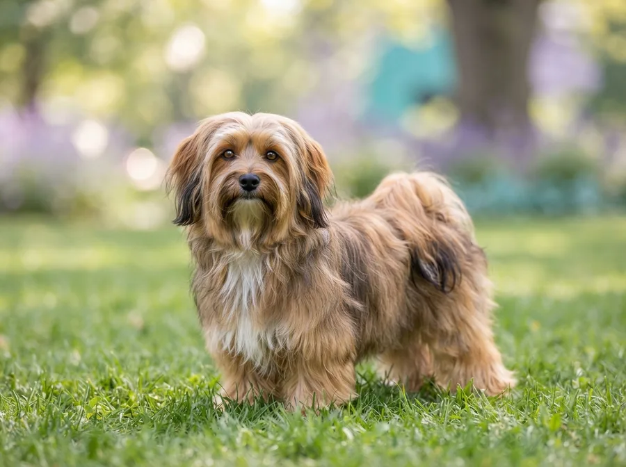 Sable and white Havanese with a long silky coat standing on grass