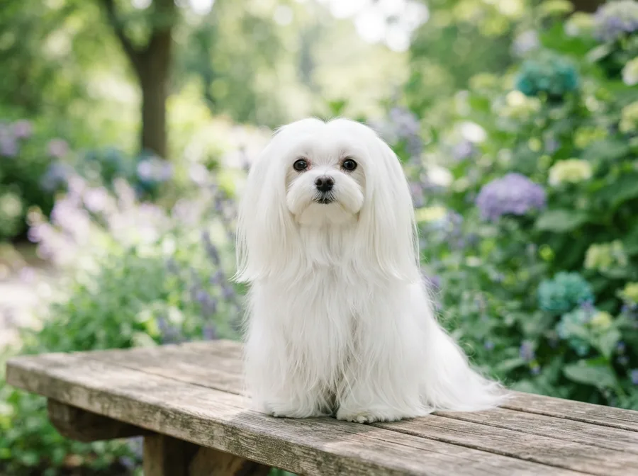 Pure white Maltese with a long silky coat seated on a bench