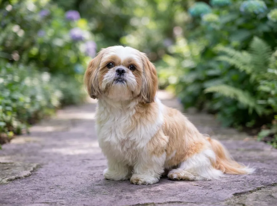 Gold and white Shih Tzu with a long flowing coat sitting on a walkway
