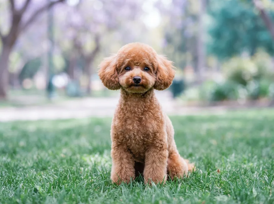 Apricot toy Poodle with a curly coat sitting on green grass
