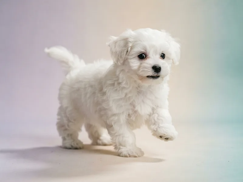Playful white Bichon Frise puppy mid-step with front paw raised, for sale in Singapore