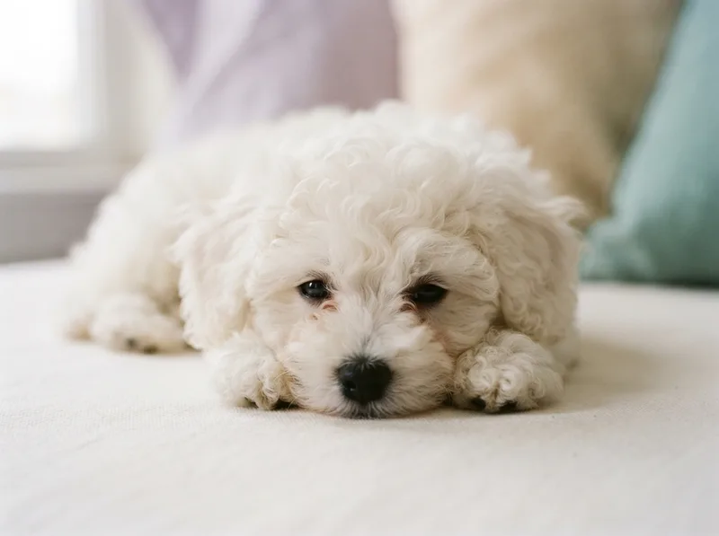 White Bichon Frise puppy lying down with chin on paws, for sale in Singapore