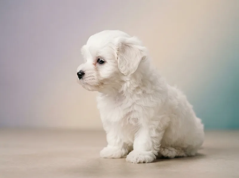 White Bichon Frise puppy in side profile showing the rounded head shape, for sale in Singapore