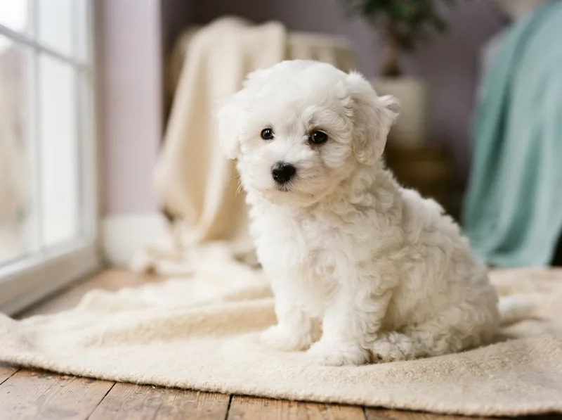 White Bichon Frise puppy by window light indoors with black nose prominent, for sale in Singapore