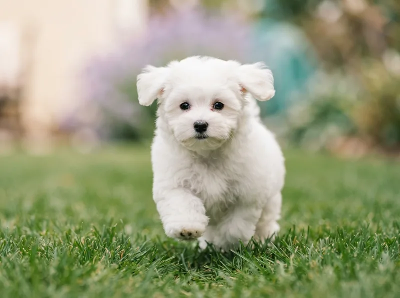 White Bichon Frise puppy in a teddy-bear trim trotting across green grass, for sale in Singapore