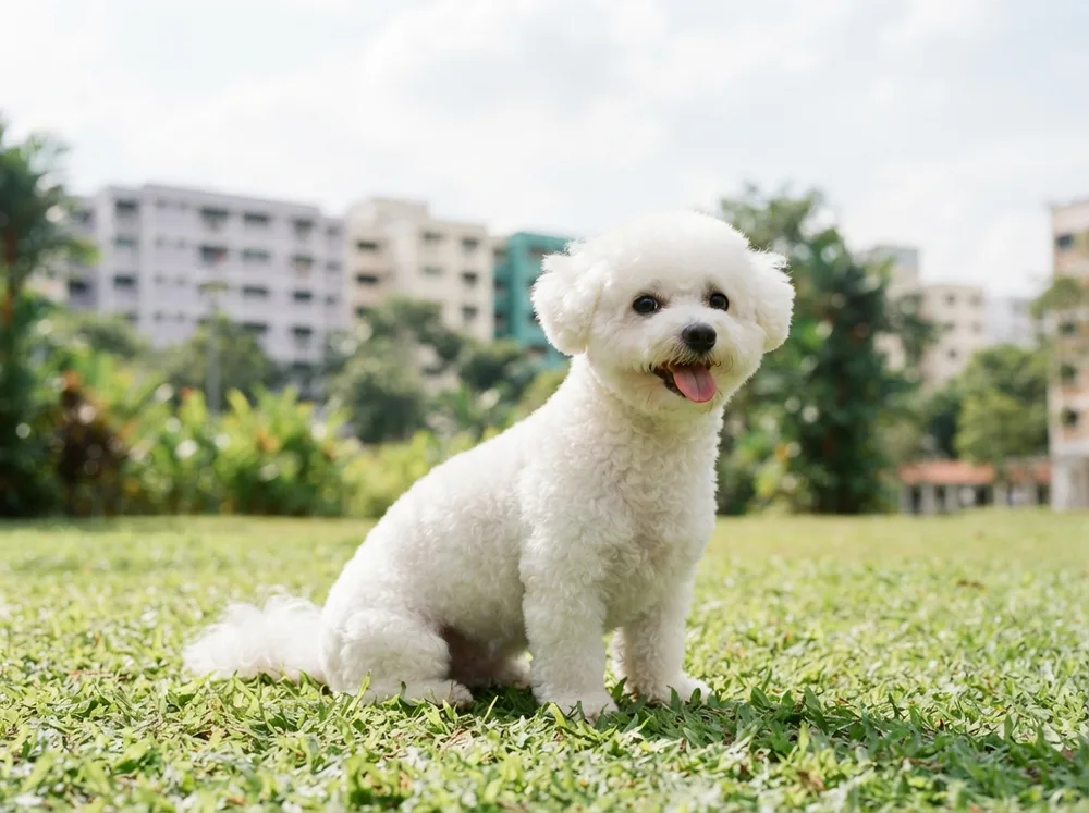 White Bichon Frise in a teddy-bear cut sitting on green grass in a sunny Singapore park