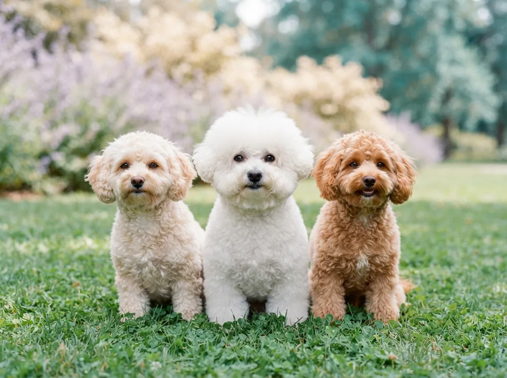 White Bichon Frise sitting between a poochon and a maltichon on a park lawn