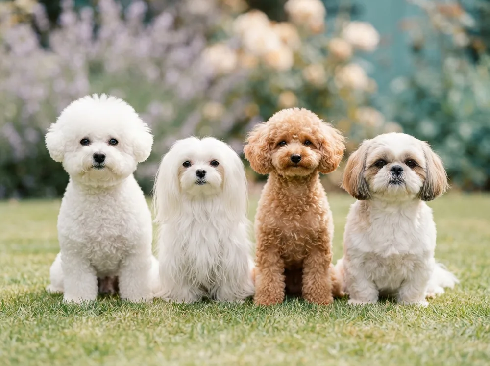 White Bichon Frise sitting in a row with a Maltese, a toy Poodle and a Shih Tzu