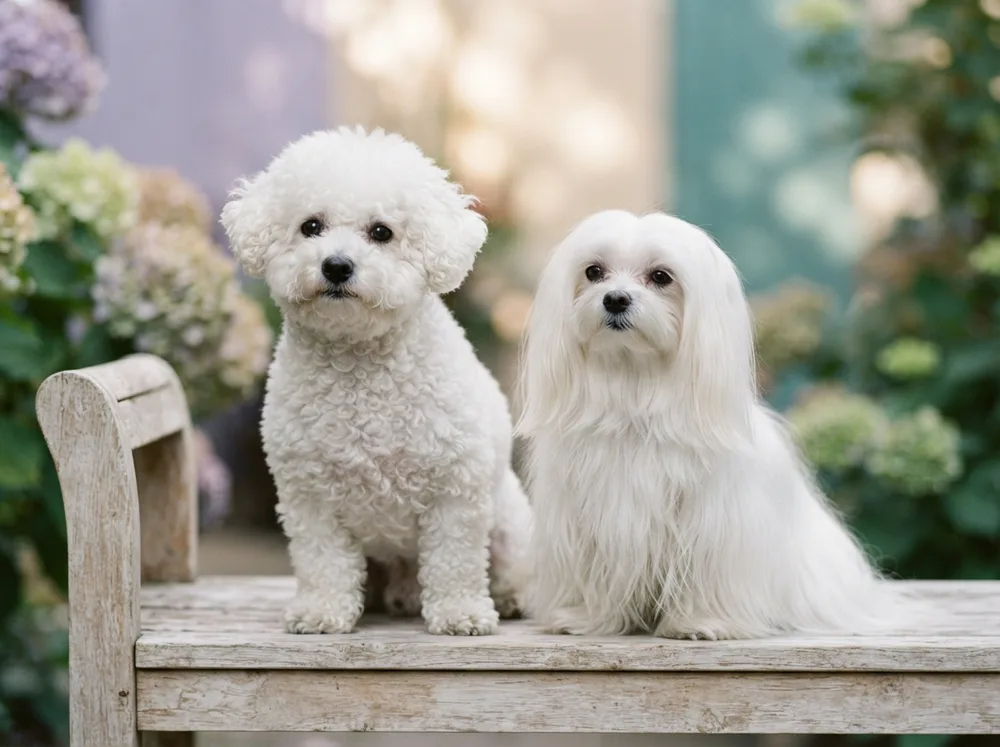 Curly-coated white Bichon Frise beside a silky-coated white Maltese on a bench