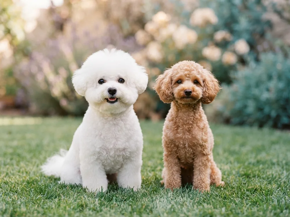White Bichon Frise beside an apricot toy Poodle sitting on short grass