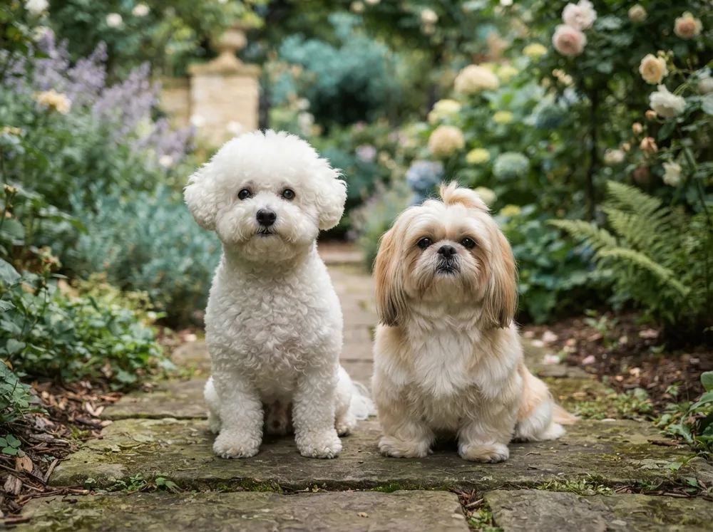 White Bichon Frise beside a gold and white Shih Tzu on a shaded walkway