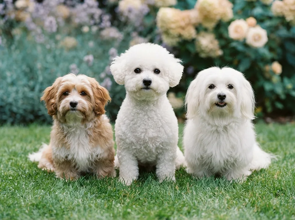 White Bichon Frise beside a sable Havanese and a white Coton de Tulear on grass