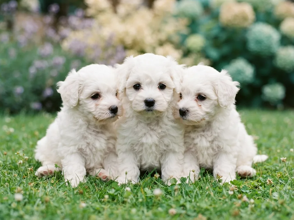 Litter of white Bichon Frise puppies with dark round eyes on fresh grass