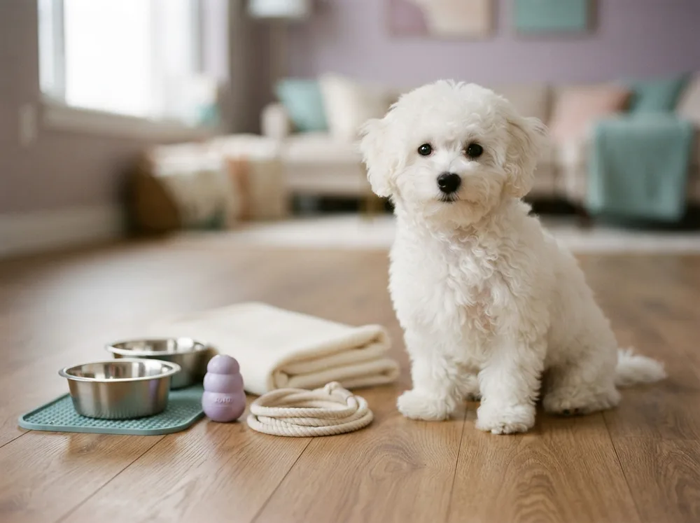 White Bichon Frise puppy beside a 30-item puppy starter kit laid out on a wooden floor