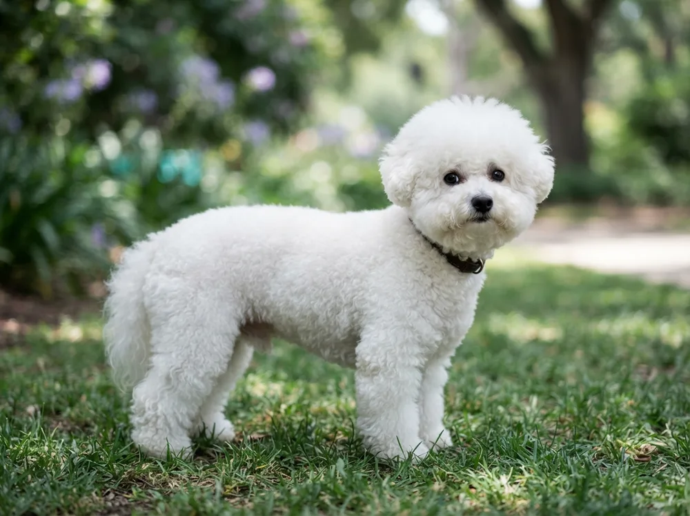White Bichon Frise standing square in a teddy-bear cut showing the curly powder-puff double coat