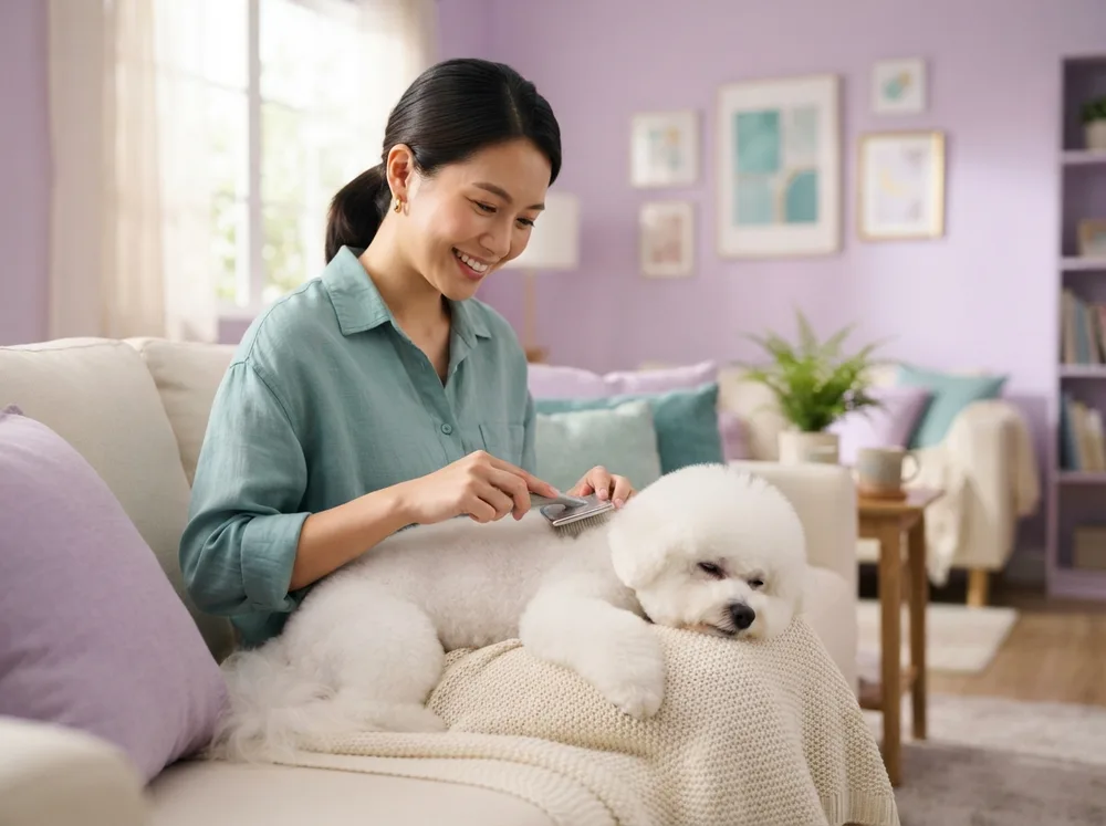 White Bichon Frise being brushed with loose curls caught in the slicker brush