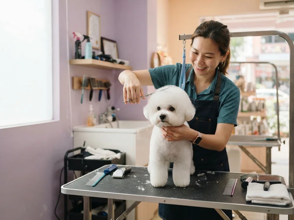 White Bichon Frise on a grooming table mid-trim with scissors shaping the rounded head