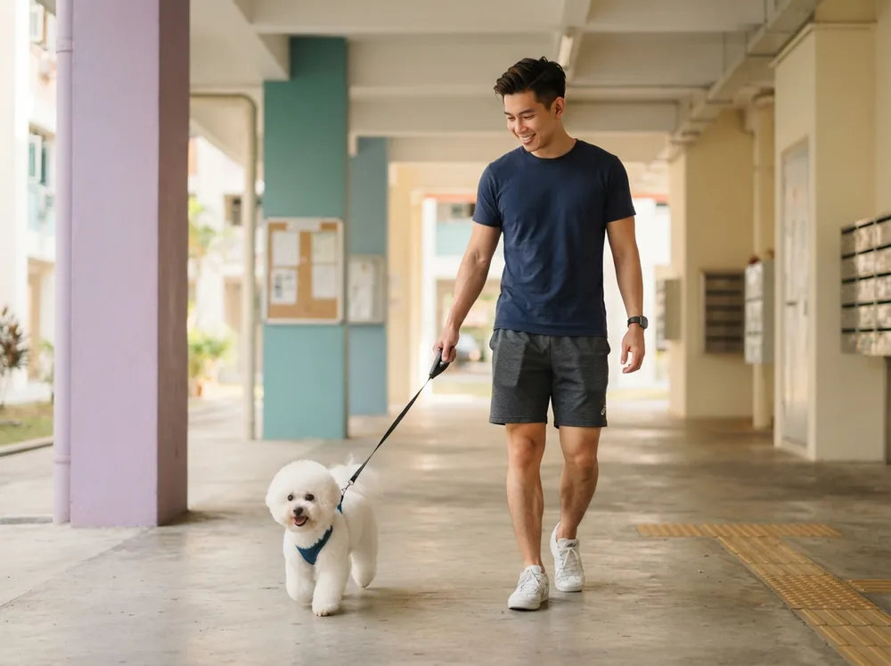 White Bichon Frise on a leash walking through an HDB void deck in Singapore