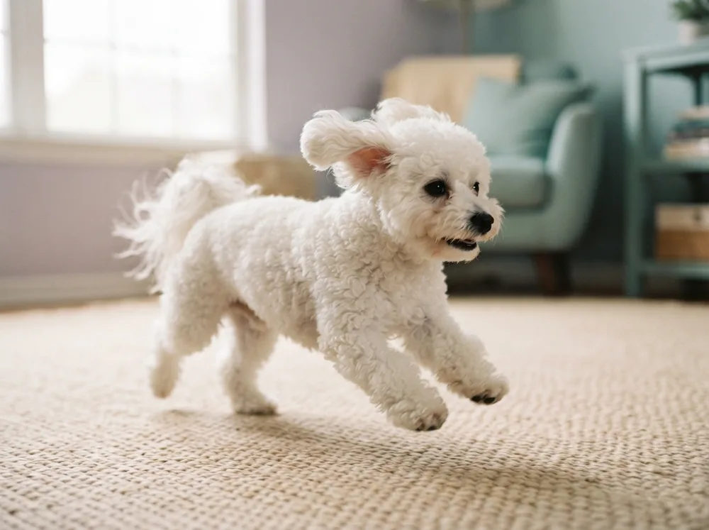 Cheerful white Bichon Frise mid-run in a bichon blitz across a living room rug