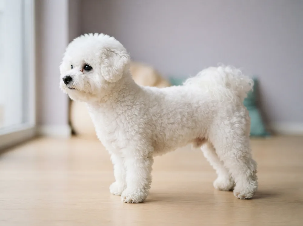 Healthy white Bichon Frise standing in profile showing a sturdy small build