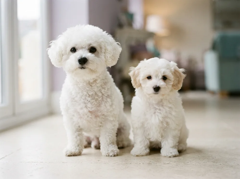 Adult white Bichon Frise beside a cream-shaded Bichon puppy on a neutral floor